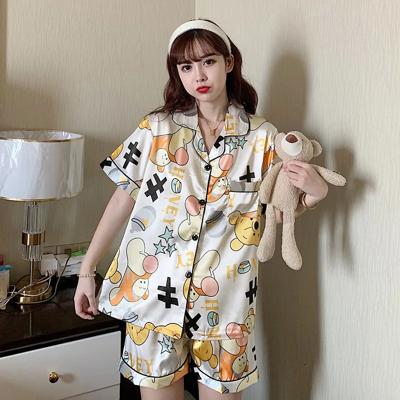 Disney Tigger and Winnie the Pooh Stain Pajamas Set for Women Summer Loose Casual Silk Home Suit Women Shorts for  Sleepwear