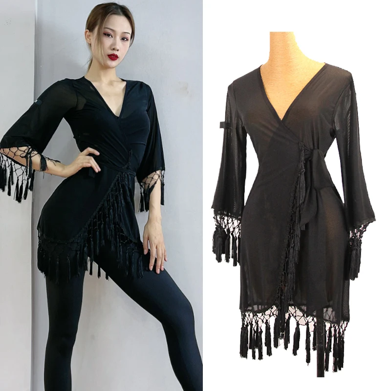 

Женское платье для латиноамериканских танцев, свободный сетчатый Кардиган с длинным рукавом и бахромой, одежда для стандартных танцев, танго, латиноамериканских тренировок DQL7479