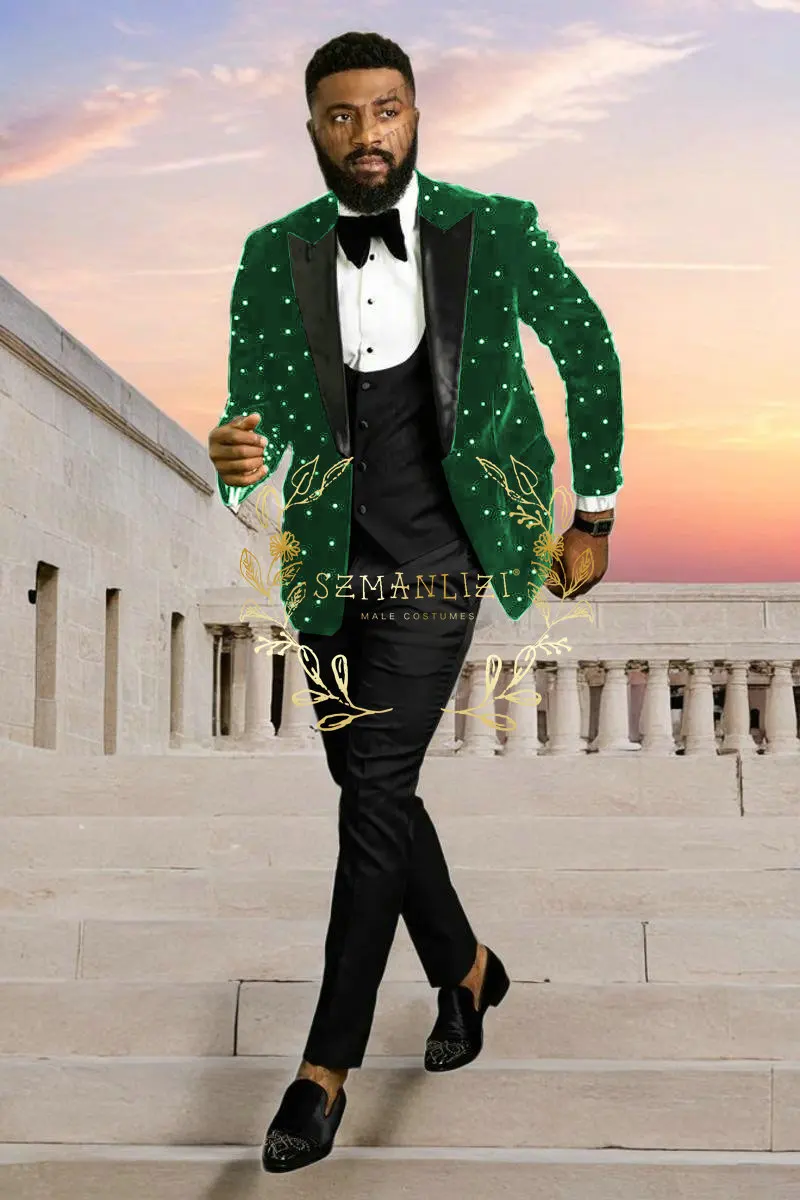Фото Роскошные бордовые бархатные мужские костюмы с бисером Homme, смокинги для жениха, свадебная вечеринка, Terno Masculino, облегающие костюмы из трех предметов, куртка, жилет, брюки №3