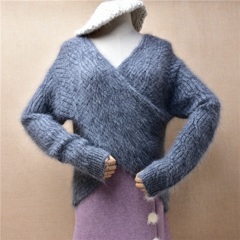 

Ladies Women Fall Winter Grey Striped Mink Cashmere Knitted V-Neck Long Sleeves Slim Blouses Angora Fur Pullover Jumper Sweater