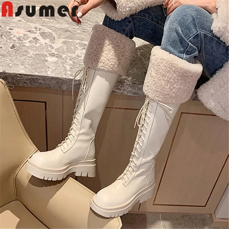

Женские сапоги из натуральной кожи ASUMER, на толстом плюшевом меху, до колена, с узким ремешком, зимние сапоги, размеры 34-40, 2023