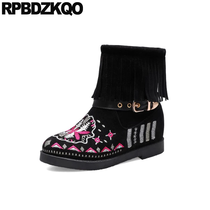 Плюс размер бахрома больших размеров ремни вышивка замша женские ботильоны 2021