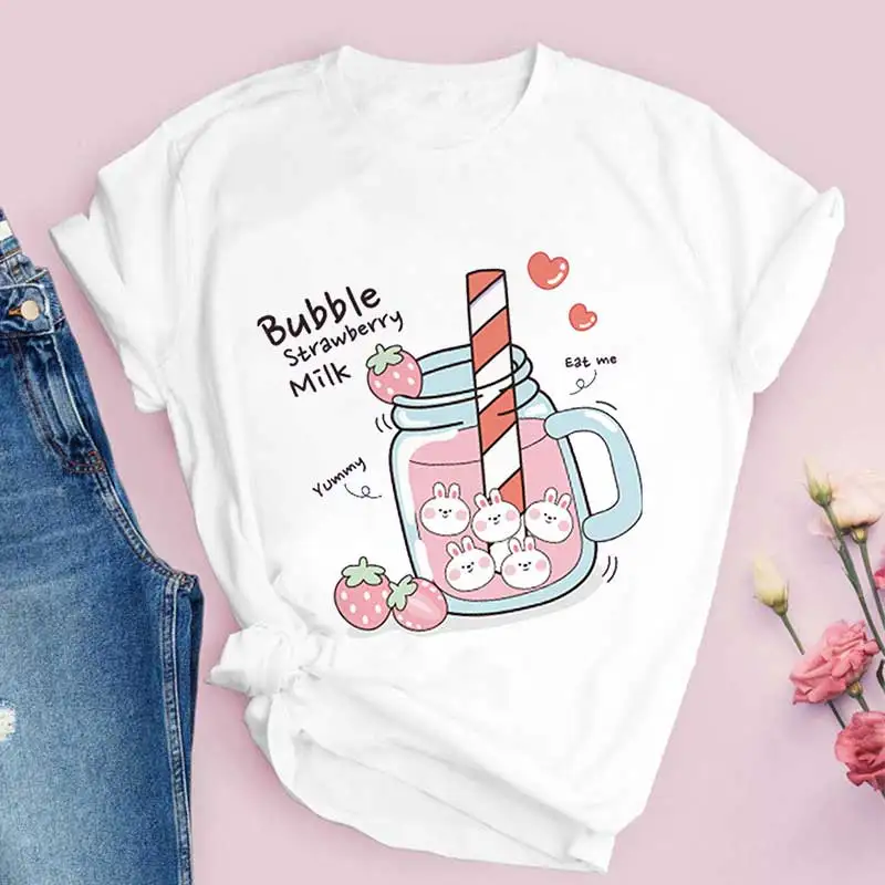 

2023 Strawberry Juice Graphic Print T-shirt Women Harajuku Aesthetic White Tops O-Neck Tee New Summer Fashion Female T-Shirts