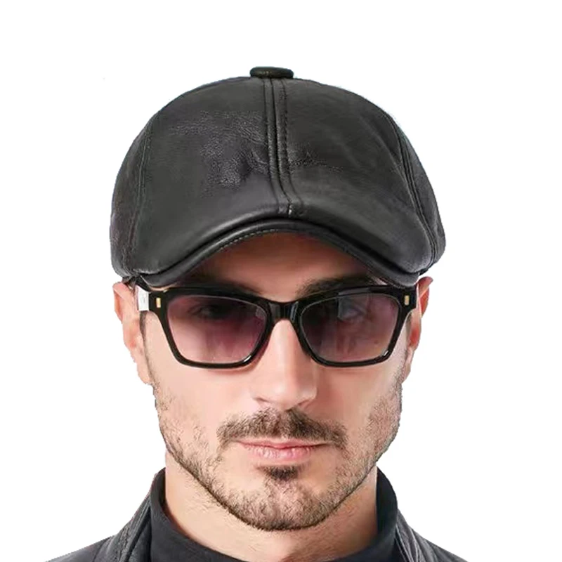 Зимние мужские теплые береты Кожаная шапка с мехом для мужчин меховыми вставками