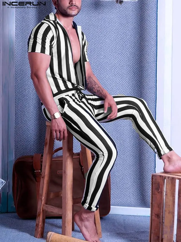 

INCERUN Men Striped Jumpsuits Pants 2022 Lapel Short Sleeve Summer Rompers Drawstring Fitness Fashion Casual Men Overalls S-5XL