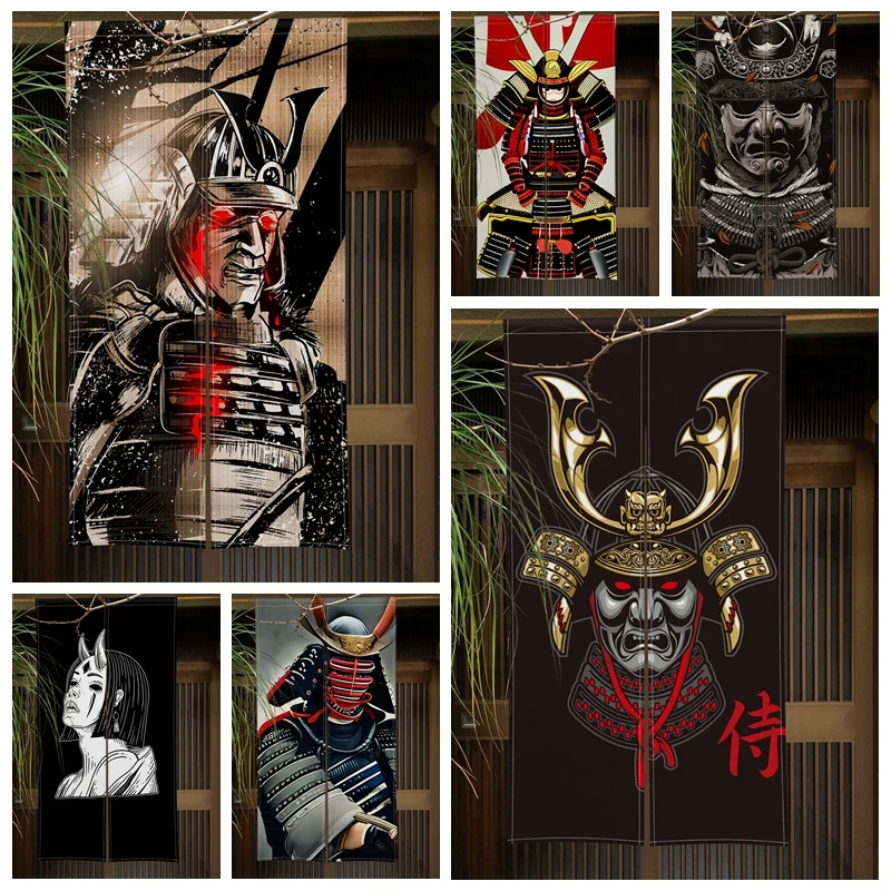 

Japanese Samurai Door Curatin Ghost Face Mask Black Prajna Doorway Partition Curtains Kitchen Bedroom Door Decor Half Curtain