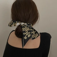 lunadolphin women spring skinny scarf 90x5cm silk feeling chiffon headbands black gold rope print ribbon neckercheif streamer