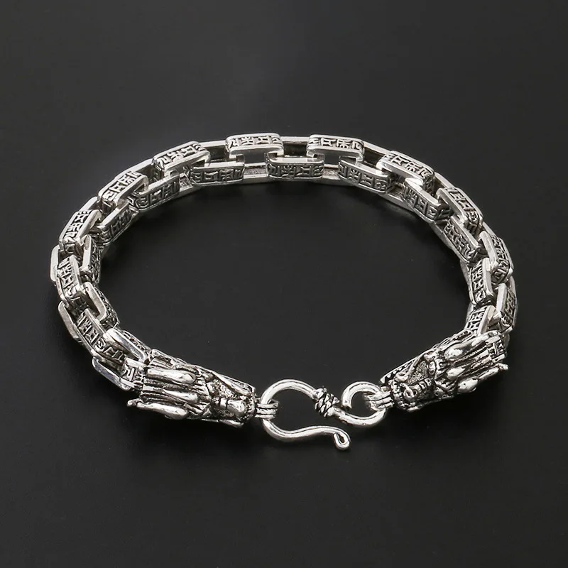 

S925 Silver New Vintage Personality Aggressive Men's Double Dragons Thai Silver Bracelet Six Word Truth Fashion Jewelry Gift