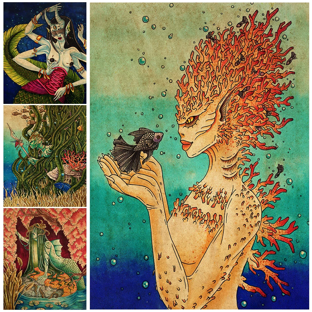 

Baba Yaga And Horror Mermaid Vintage Wall Art Canvas Painting Abstract Siren Poster And Prints For Living Room Decor Unframed