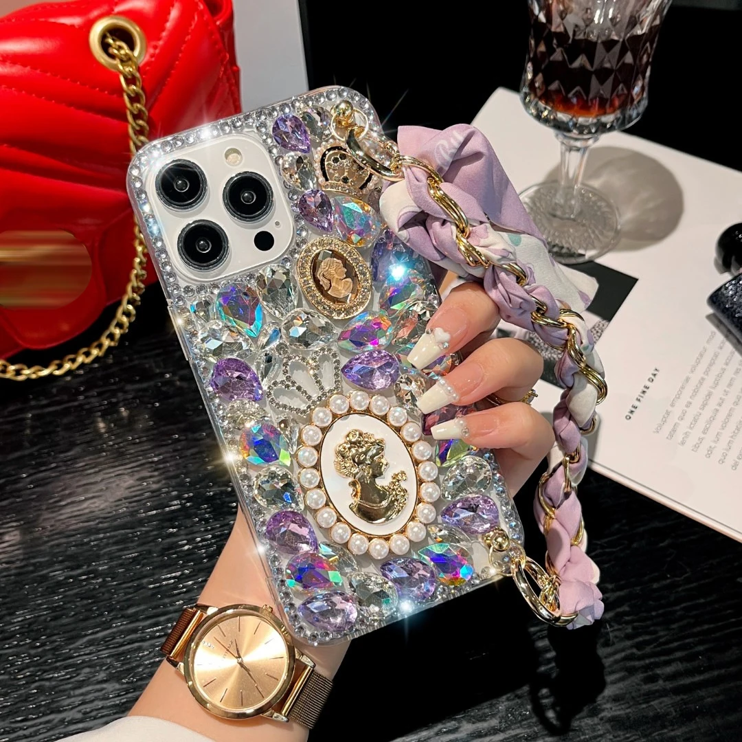 

Vogue Pearl Goddess Portrait Cover For Samsung S23 S22 S21 S20 Ultra A42 A72 A73 A52 A82 Rhinestone Crystal Portable Chain Case