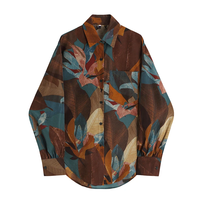 

SuperAen 2022 Vintage Contrast Color All Match Loose Full Turn Down Collar Printing Shirt Women's Spring New Casual Top