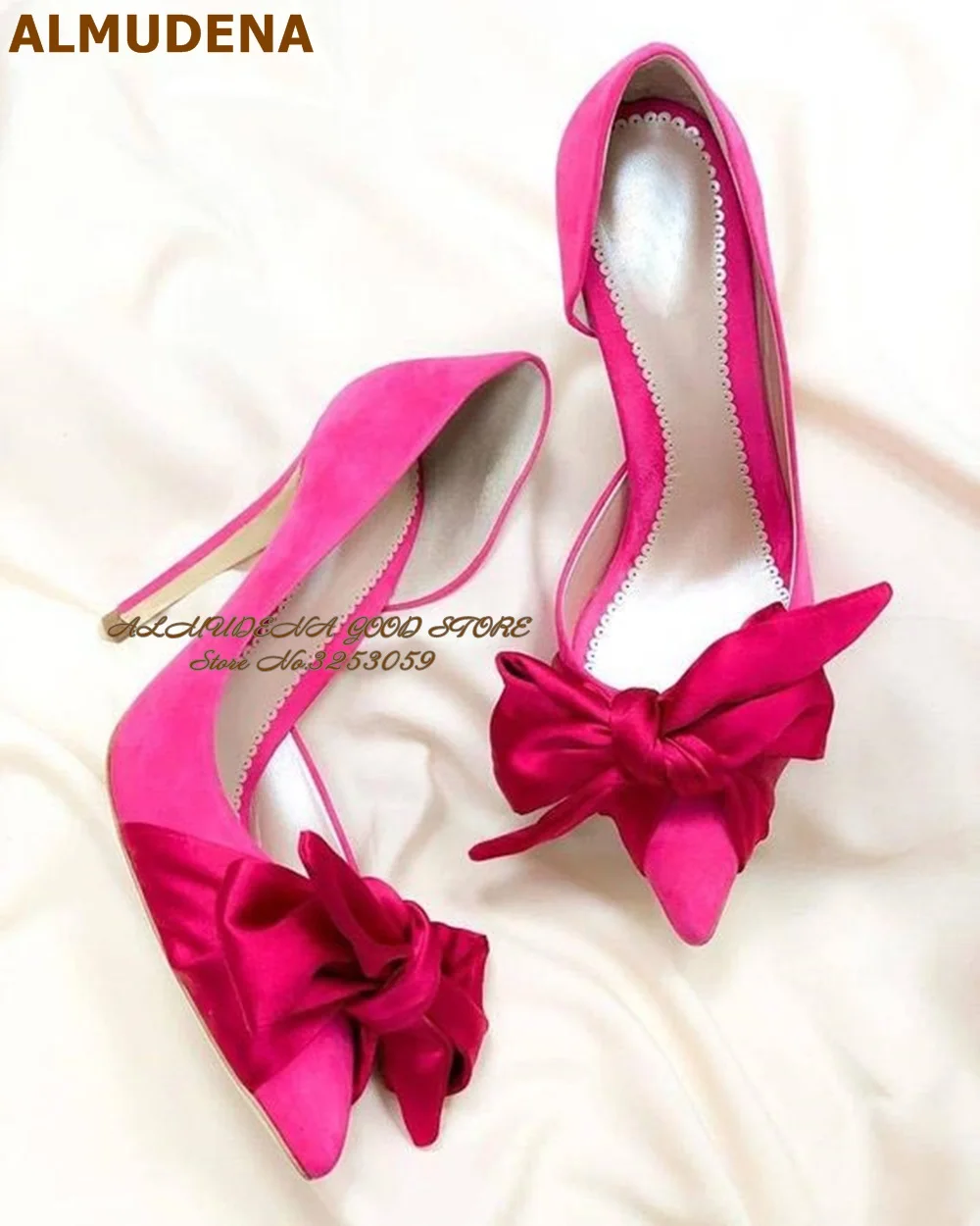 

ALMUDENA Pink Satin Cloth Butterfly-knot Bride Shoes Fuchsia Suede Shallow Dress Pumps Slip-on Patchwork Banquet Heels