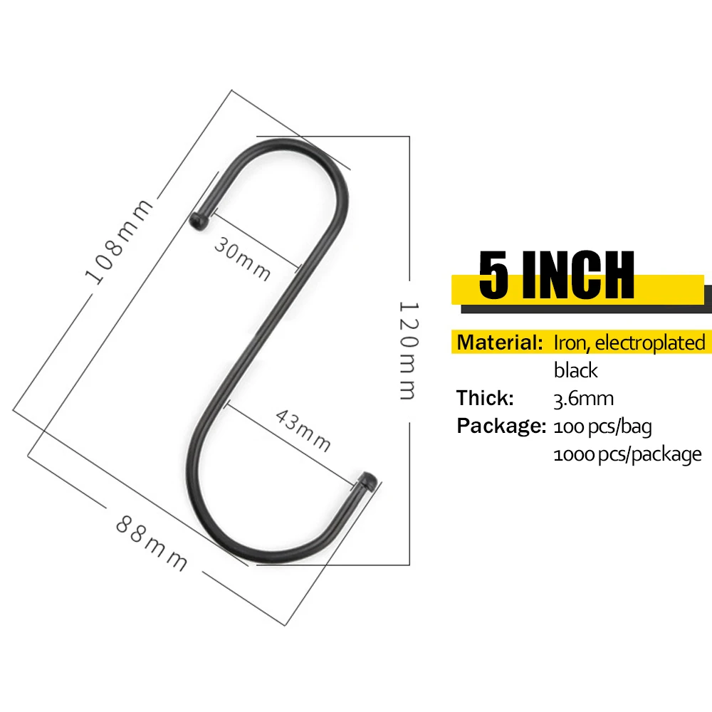 Металлические S-образные крючки из чугуна, черные, набор из 10 штук