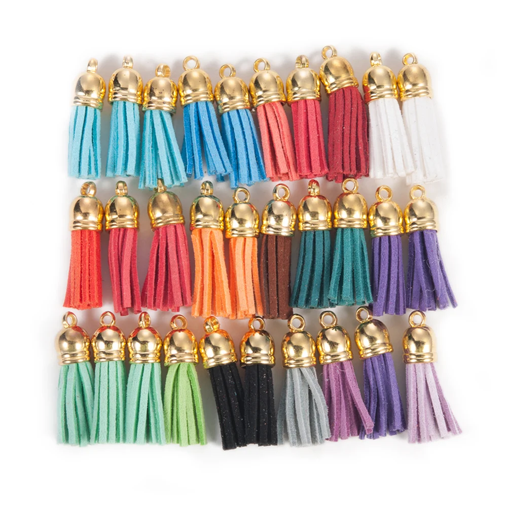 

10/30/50pcs 38mm Suede Faux Leather Tassel With Gold Cap For Keychain Cellphone Straps Jewelry Summer DIY Pendant Charms Finding