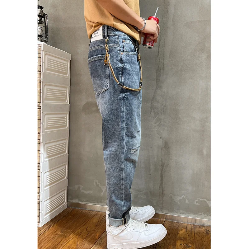 Men Clothing Autumn and Winter New Straight Loose Cylinder Jeans Vintage Comfortable Blue Versatile Ripped Harun Trousers Female