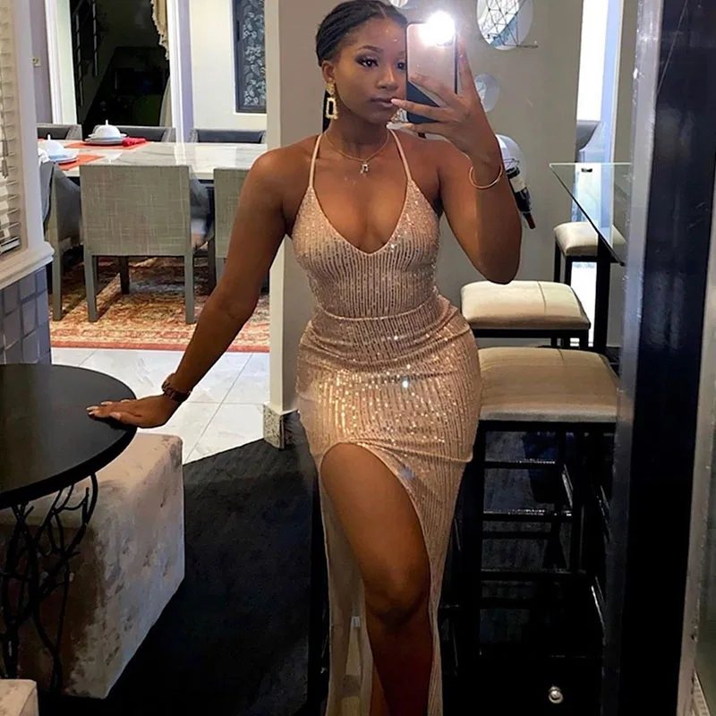 

Блестящие вечерние платья с блестками, женское платье для свадьбы, клуба, дня рождения, сексуальное длинное платье макси с высоким разрезом и открытой спиной в стиле знаменитостей