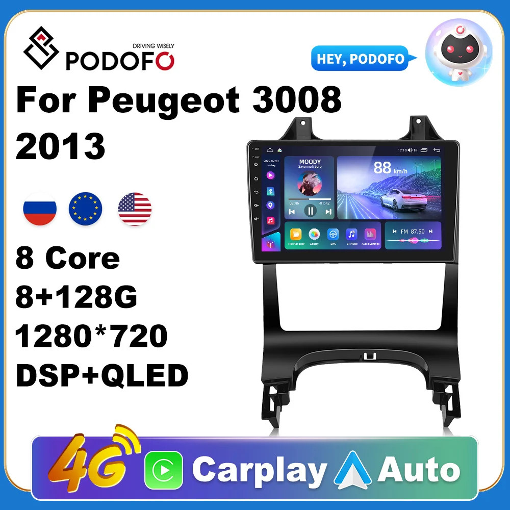 

Podofo Авторадио 2Din Android радио Carplay для Peugeot 3008 2013 AI Voice 4G GPS Автомобильный мультимедийный видео плеер стерео 2din