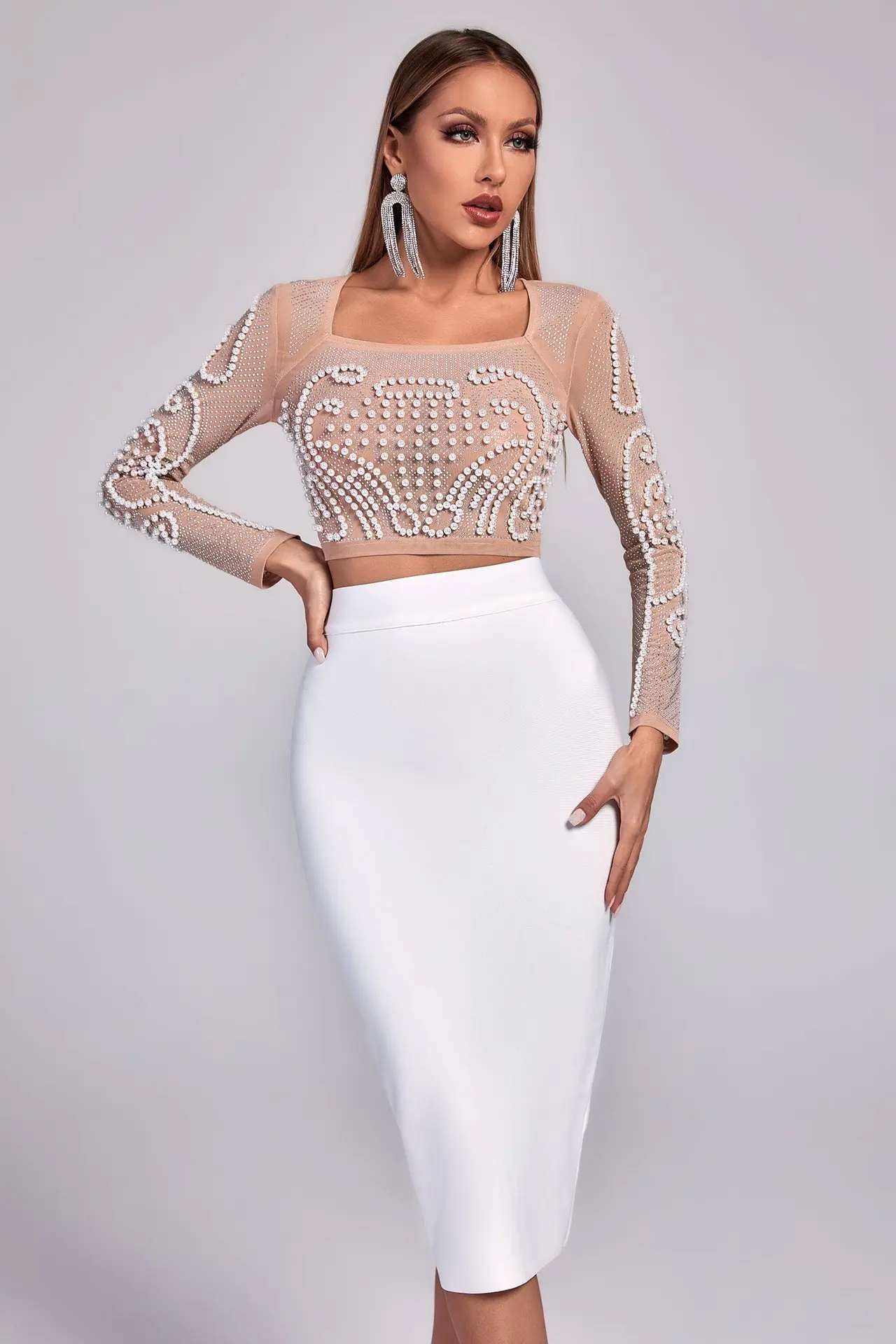 2022 New Women Winter Sexy Long Sleeve Pearl Bodycon Skirt Black White Two Piece Bandage Set Celebrity Evening Party Women's Set
