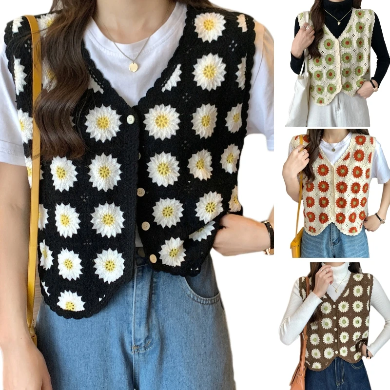 

Boho Women Crochet Knit Vest Waistcoat Floral Pattern Sleeveless Hollow Cardiga