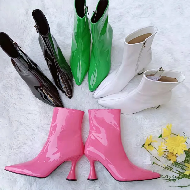 

Winter Candy Colors Patent Leather Women Boots Comfortable Cup Heeled Ankle Fashion High Heels Chelsea Short Shoes