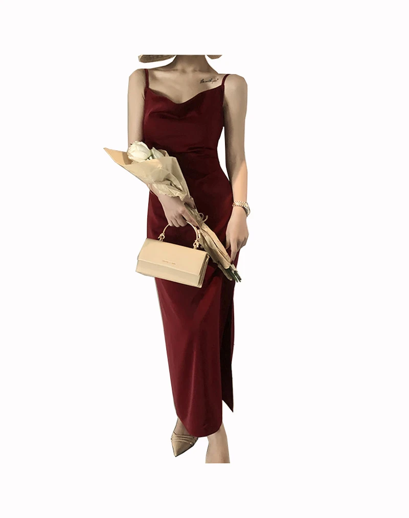 

Womens Elegant Party Dress Evening Red Wedding Silk Midi Dress Spaghetti Strap Long Satin Dresses