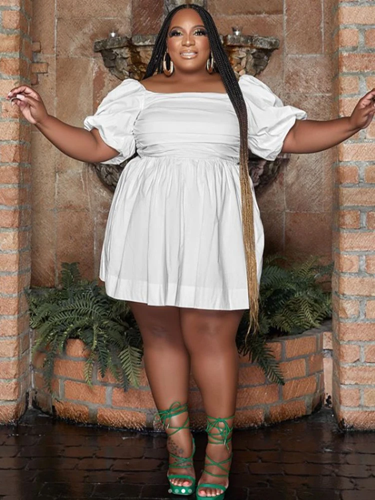 

ZJFZML ZZ Plus Size Pleated A-line Mini Dresses Summer Clothes for Women Sweet Girls Square Collar Puff Short Sleeve Robe Femme