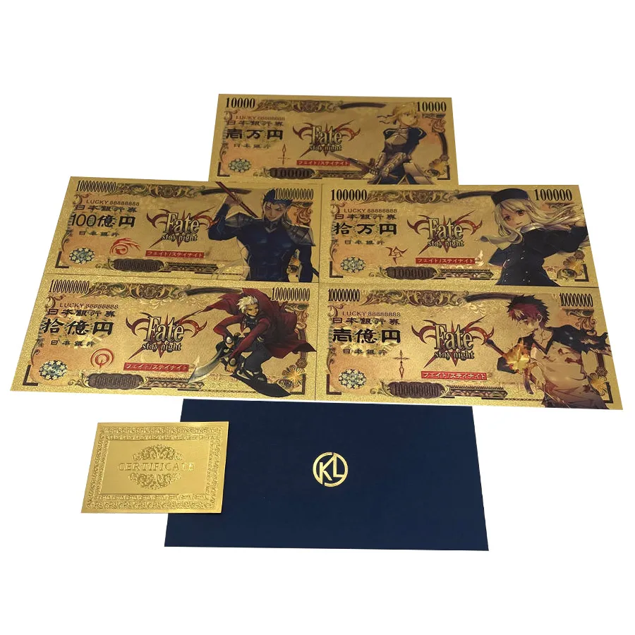 

5 pcs Japanese Classic Gold Banknote Anime Fate-stay-Night Banknote Tickets Memory Collection Cards For Child Fans Gift