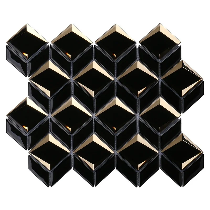 

diamond mirror mosaics tiles irregular waterjet hexagon black and gold glass mosaic