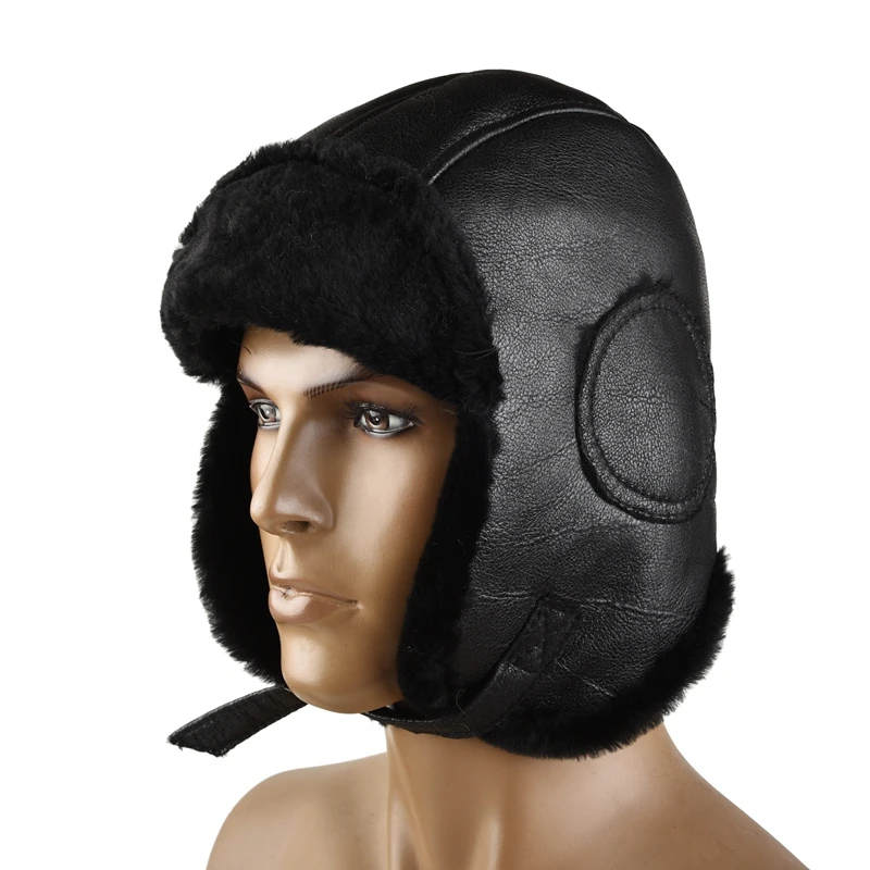 Women Natural Sheep Leather One Fur Bomber Hat with Ear Flap Cap Winter Whole Warm Thick Headwear