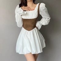 2022 summer new womens solid color self cultivation high waist fashion contrast color square neck long sleeve dress