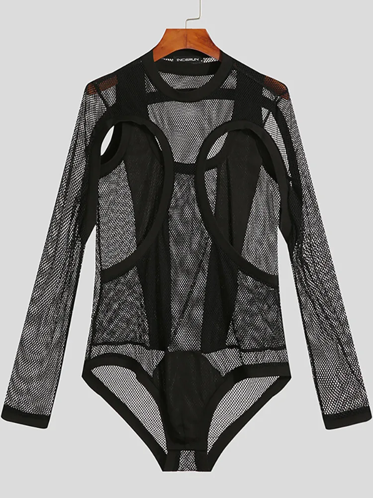 INCERUN Men's Skinny Stretch Jumpsuits Fashion Male Solid Party Shows Long Sleeved Comfortable Mesh Hollow Out Romper S-5XL 2022