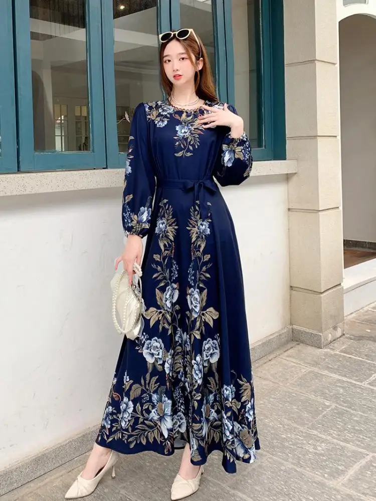

ZCWXM Bohemian Print Floral Dress Fall Women Clothing Vintage Chic O-neck Long Sleeve Elegant Robe Office French Maxi Dress