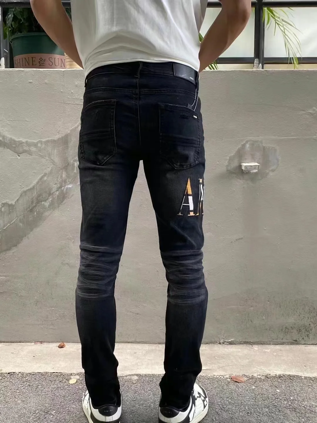 Leather Embroidered Word Art Jeans Men Hole Casual Slim Cotton Stretch Scratches Bleached Scraped Feet Pencil Pants Tight EH·MD®