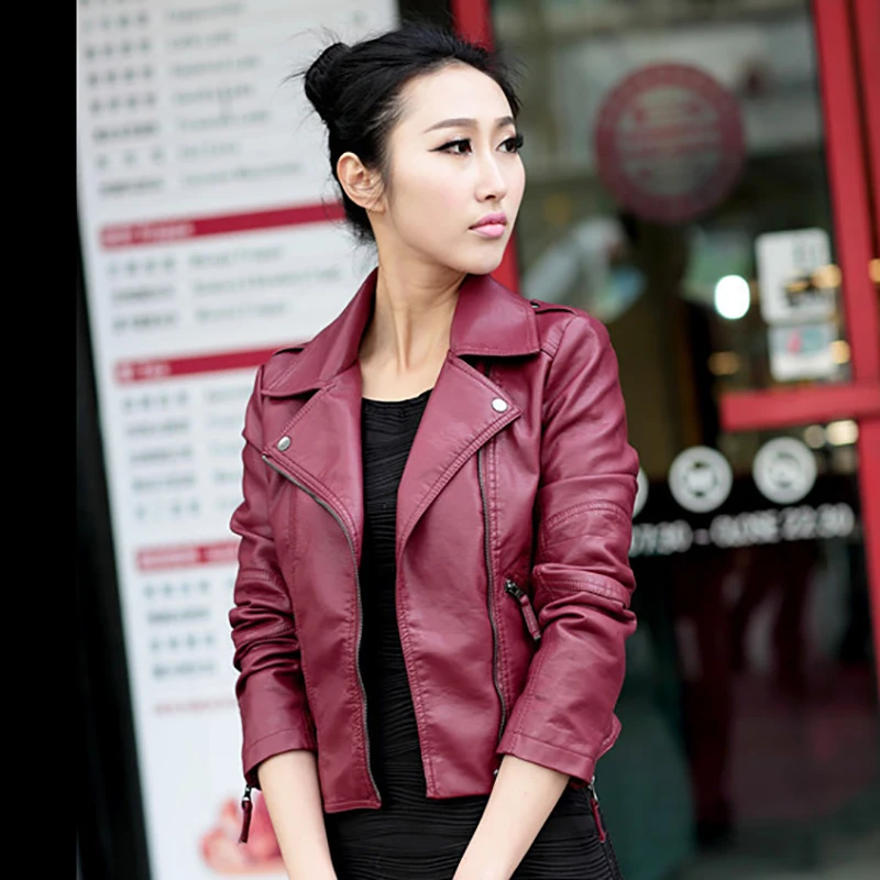 2022 Spring Autumn Women Red Black Faux Leather Jacket Motor Short Slim Fit PU Coat Biker Korean Drop XS~4XL Outwear Shipping enlarge