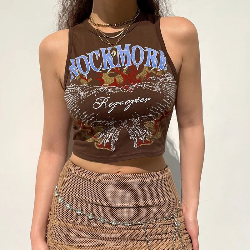 

Summer Fashion Slim Sexy Club Gothic Print Letters Diamond O-neck Sleeveless Girl Crop Top Women Skinny Short Tank Top Sporty