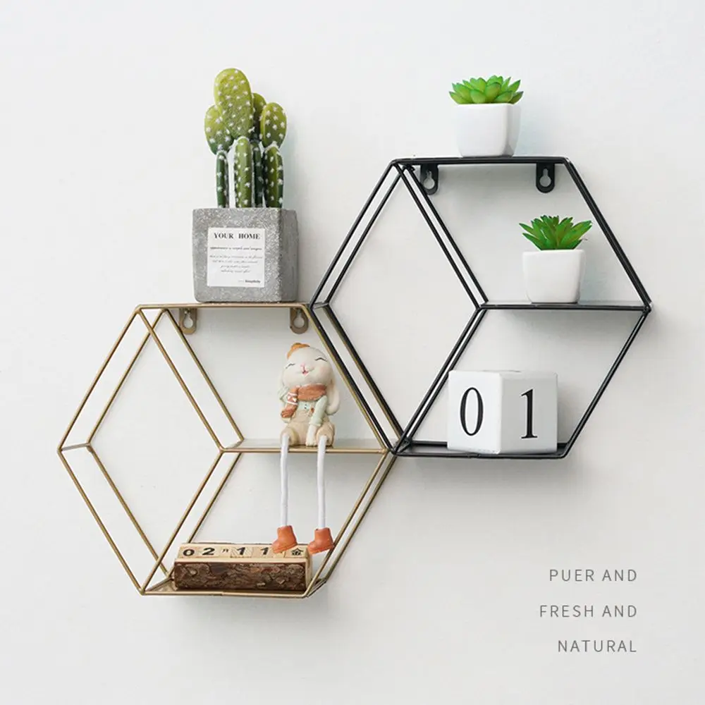 

Home Hangers Living Room Iron Hexagonal Grid Wall Frame Collection Rack Background Wall Decorative Wall Shelf