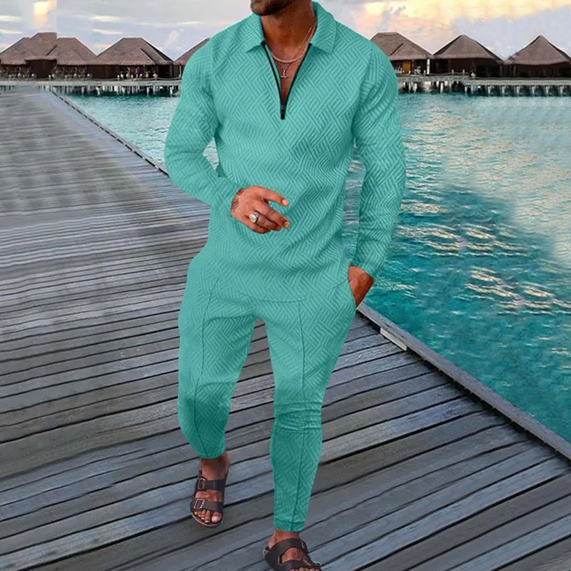 Four Seasons V-Neck Long sleeved Polo Shirt Beach Long 2 Piece Sets Tracksuit Men's 3D Printed Stripe Casual Sports Suit