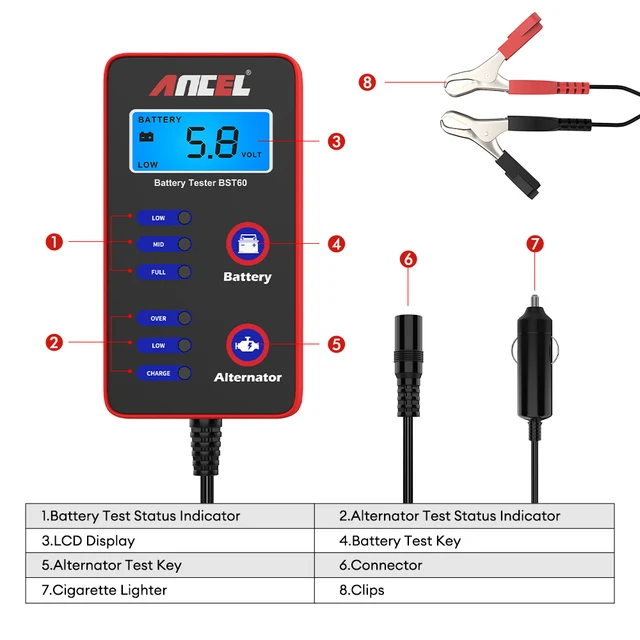 ANCEL BST60 12V Digital Car Battery Tester Quick Tester Alternator Charging with cigarette lighter adapter Car Battery Analyzer 5