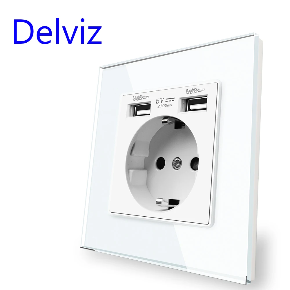 

Delviz EU Standard USB Socket, Tempered Crystal Glass Panel, White/Black, 5V 2100mA Double usb, Household 16A Wall Power Outlet