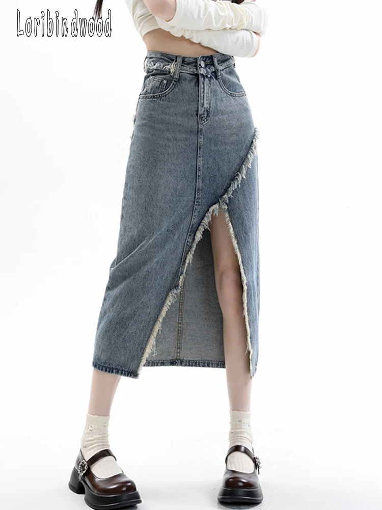 

2023 Spring and Summer New High-waisted Slimming Irregular Split Denim Skirt Retro Raw Edge Design Sense A-line MIDI Skirt