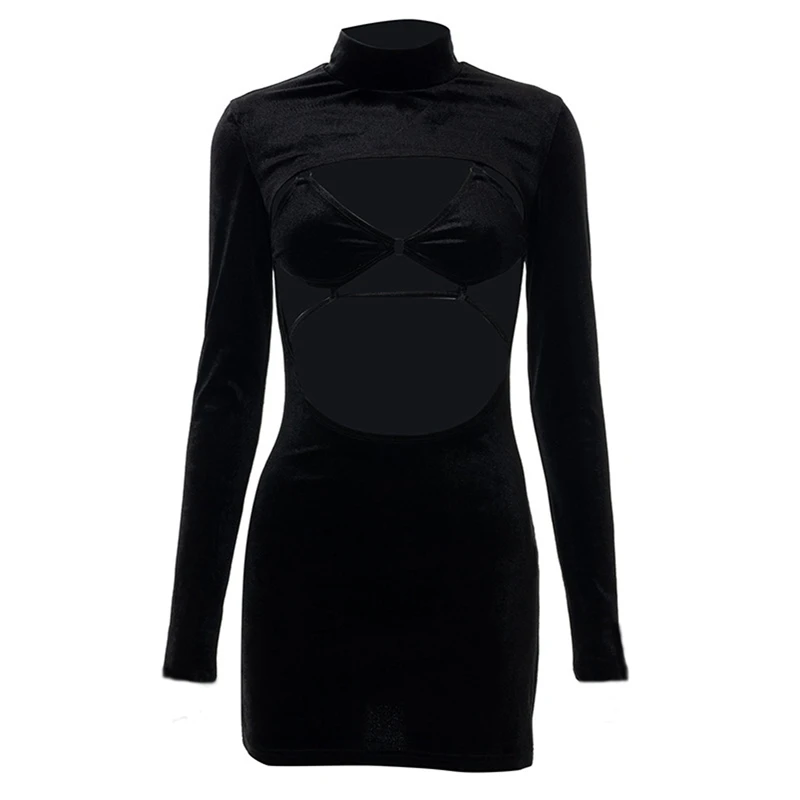 

Women's Two-Piece Suit, Solid Color Long Sleeve High Neck Hollow-Out Slit Mini Dress + Tie-Up Camisole