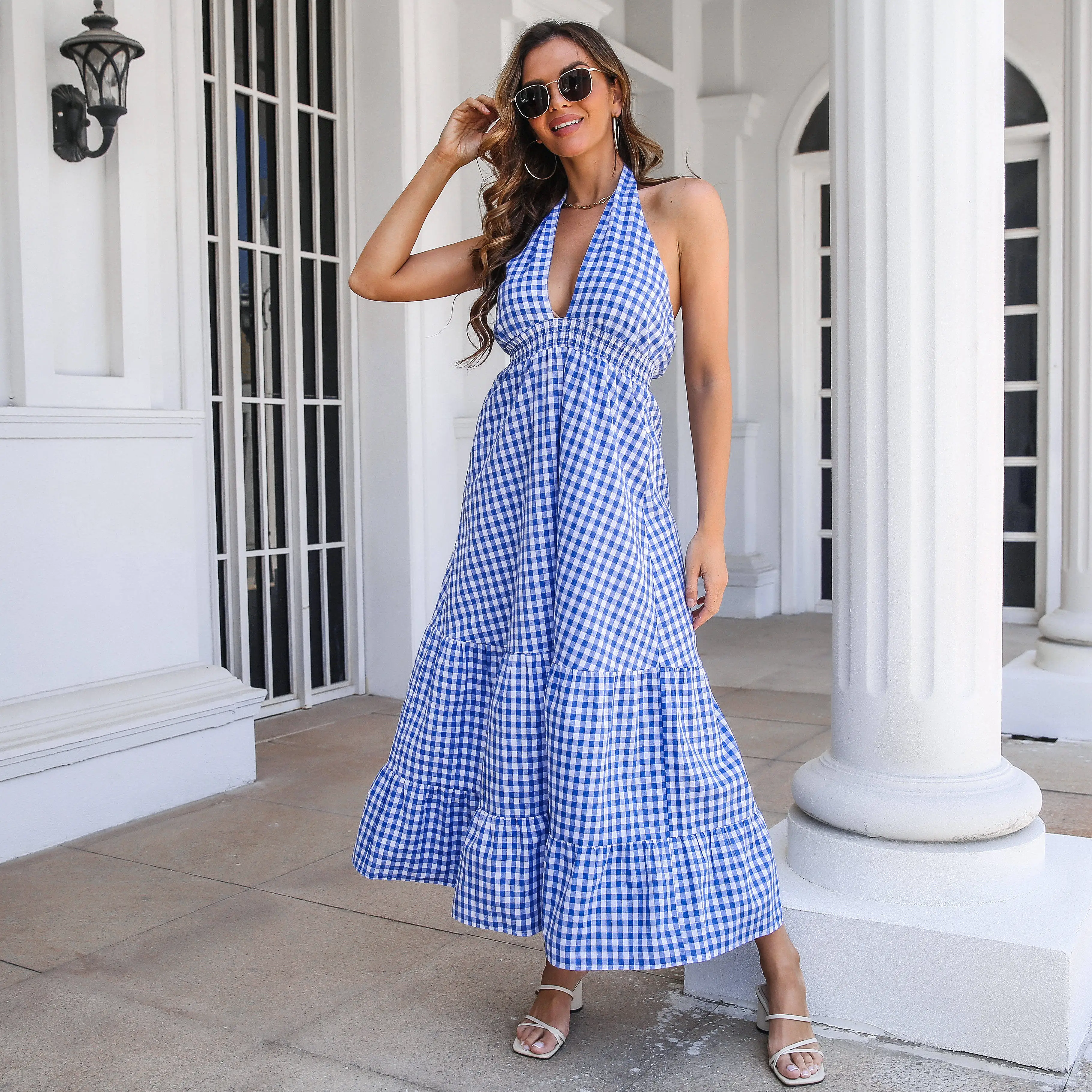 

Top Women Dresses Summer 2023 Plaid Neck Waist Ruffle One Piece Korea Ladies Long Skirt Y2k