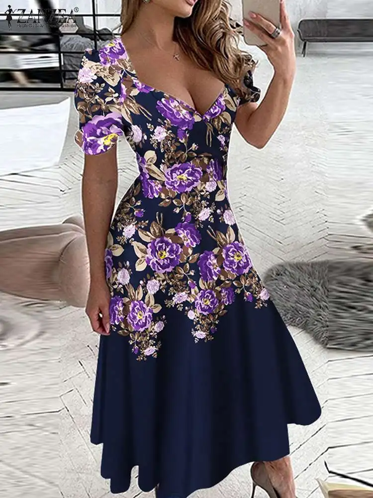 

ZANZEA Elegant Printed Maxi Dress Fashion Women Summer Party Dress Oversized Sexy V-Neck Short Sleeve High Waist Dating Sundress