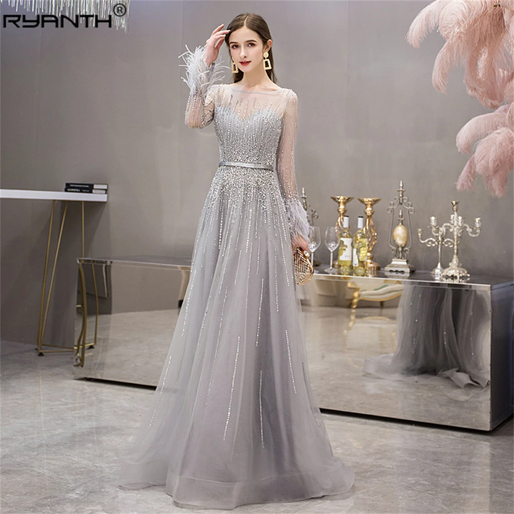 

Ryanth Dubai Evening Dresses Long Sleeve with Feathers Luxury Sexy Sheer O-Neck Engagement Party Gown Beaded Gold Grey