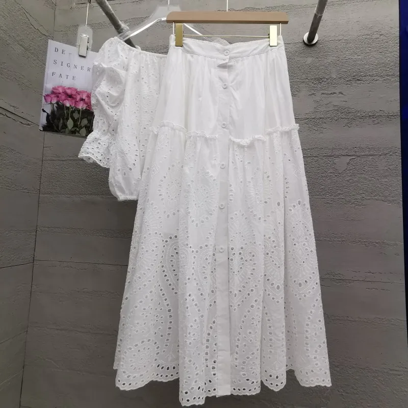 

Summer New Temperament Stitching Hem Skirt Women, Cotton Embroidery Hollow Single-breasted White Half-body Skirt Women