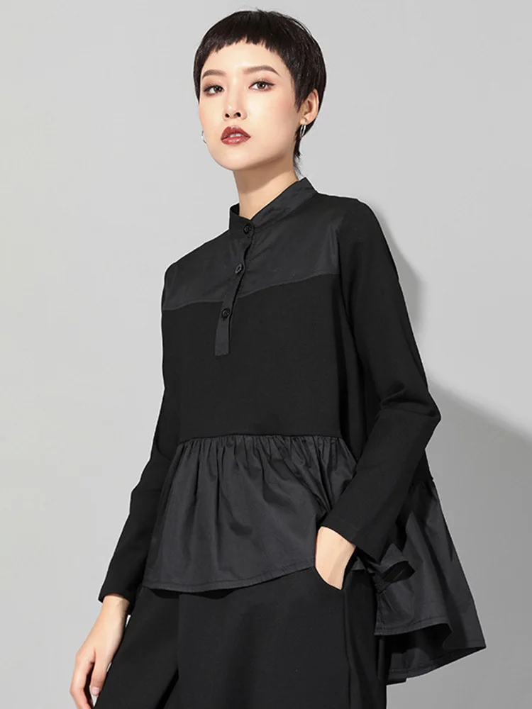 Женская плиссированная Футболка с оборками черная Повседневная футболка