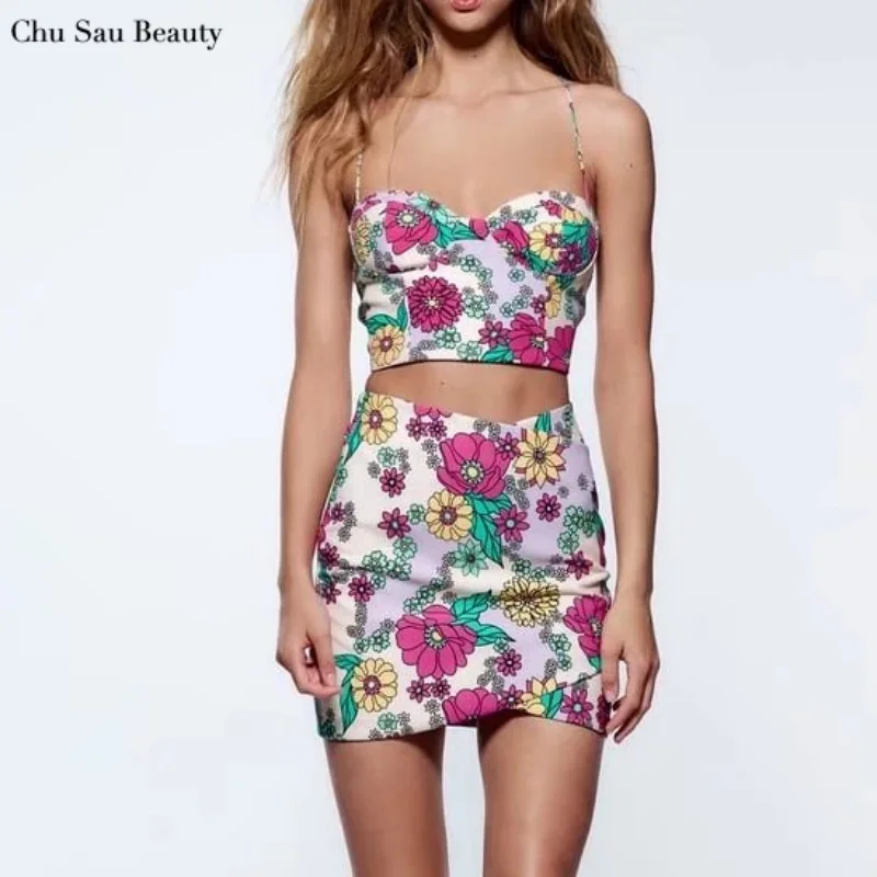 

2022 New Women Floral Print Cropped Camisole Top and High Waist Mini Skirt Za Fashion Slim Fit Sleeveless Open Back Camisole