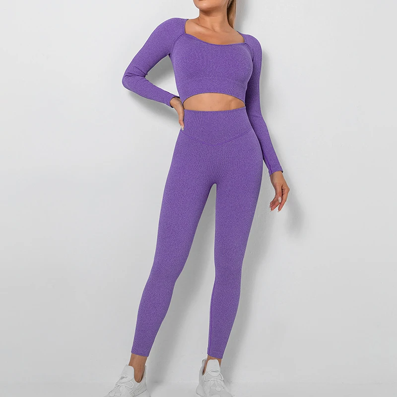 

2022 New Ribbed Seamless Women Long Sleeve Yoga Shirts Gym Clothing Workout Fintess Push Up Leggings Sportwear Running Tracksuit