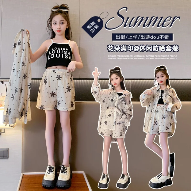 

Summer Girls Clothing Set Sun protection clothes + shorts 2 Pieces Korea College Style 4-16 Years Children's Teenage Clothing
