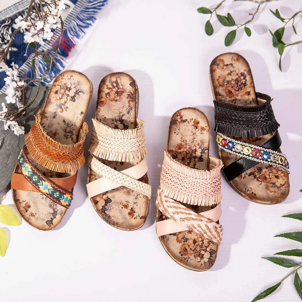 

2022 New Cross Strap Women Sandals Tassel Knitted Slippers Peep Toe Slip On Beach Sandals Casual Fashion Anti-slip Shoes Summer